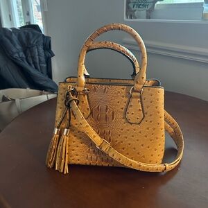 Elegant Ostrich-Embossed Satchel in Mustard
